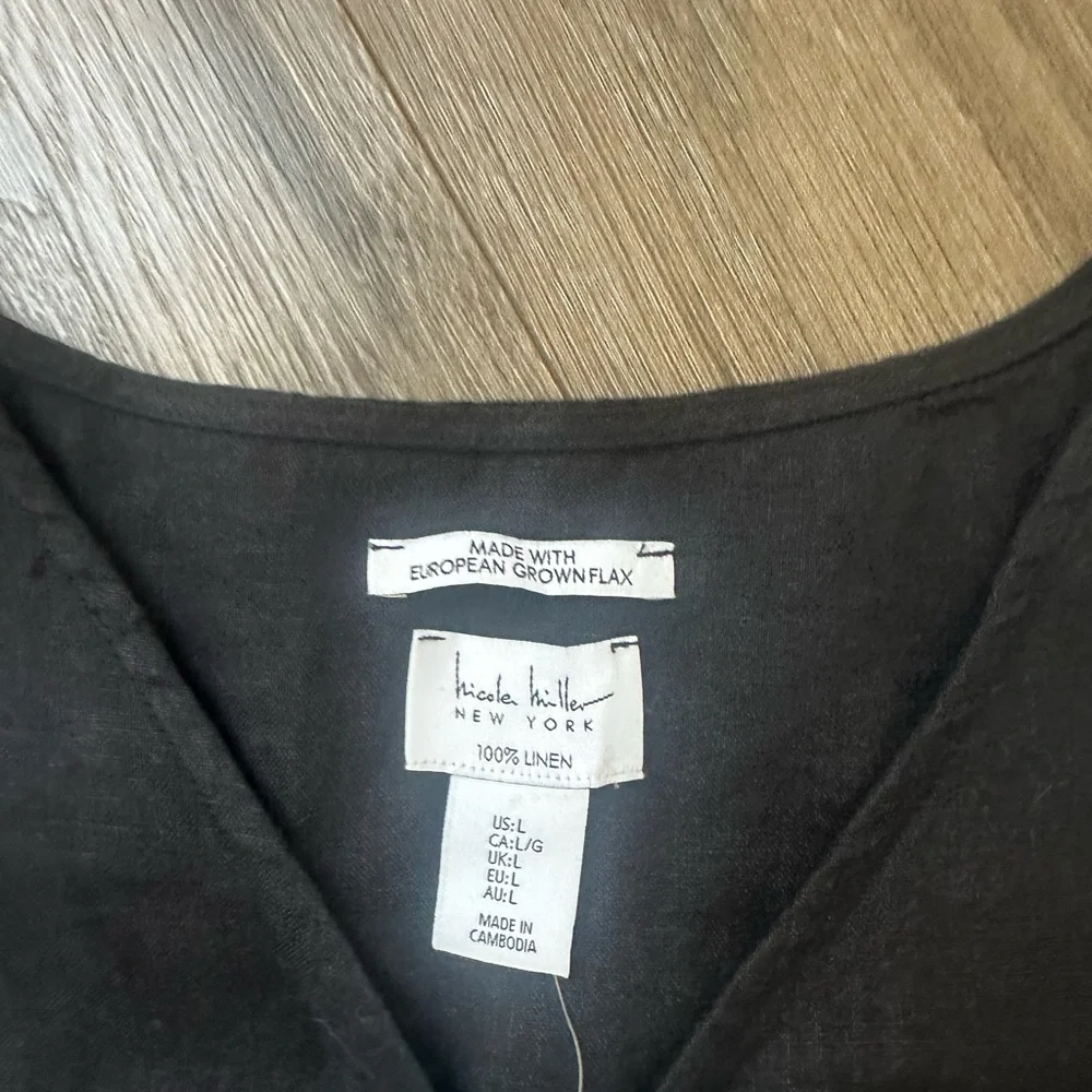 100% Black Linen Nicole Miller Black V-Neck Ruched Drawstring Top Shirt NWT - Picture 5 of 8